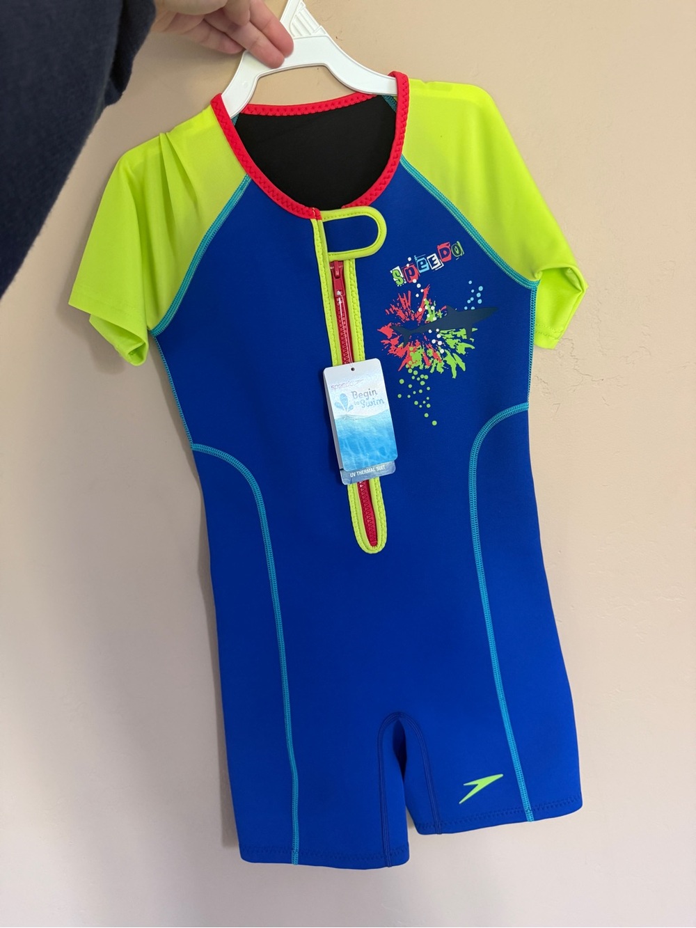 Speedo Kids Short Sleeve Swim Suit - Blue & Neon Yellow